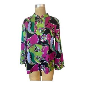 Talbots Vibrant Retro Multicolor Floral Sheer Cotton Blouse